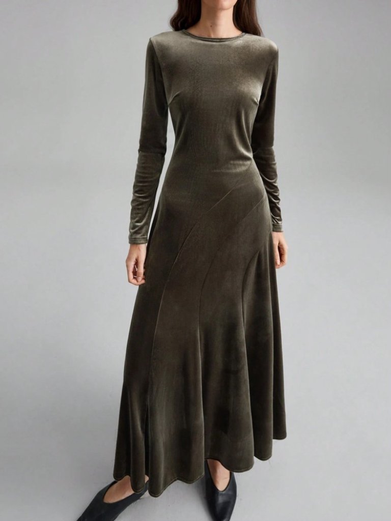 Olive Green Velvet Long Sleeve Maxi Dress With Round Neck